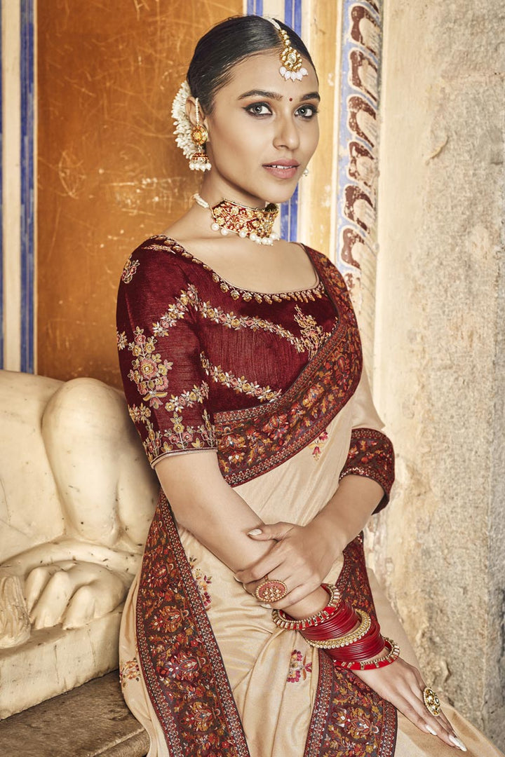 Art Silk Fabric Wedding Wear Designer Saree In Beige Color