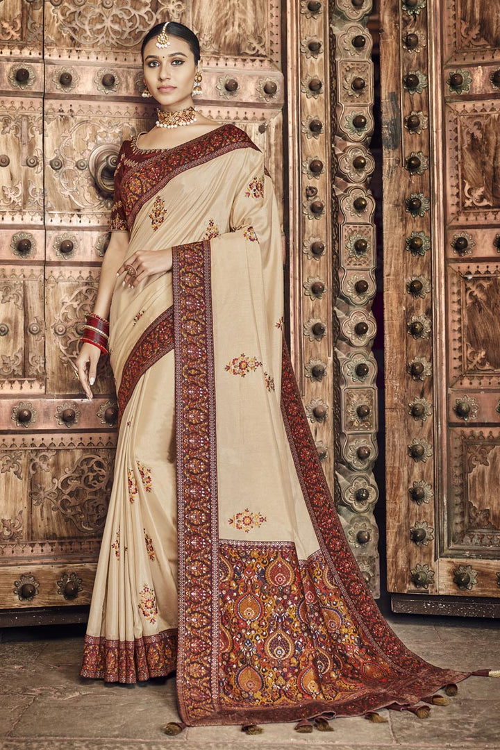 Art Silk Fabric Wedding Wear Designer Saree In Beige Color