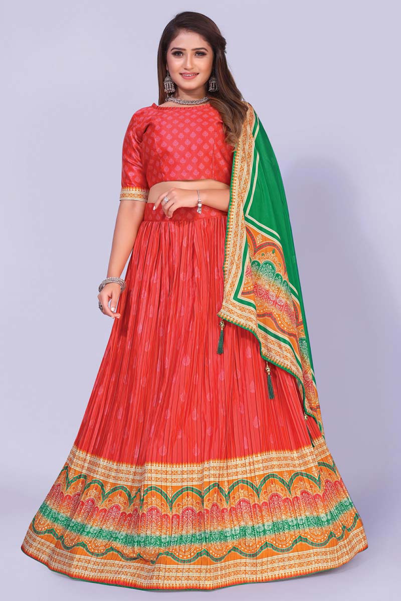 Function Wear Satin Fabric Red Color Printed Work Mesmerizing Lehenga