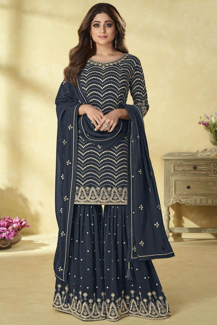 Navy Blue Color Georgette Fabric Alluring Shamita Shetty Sharara Suit