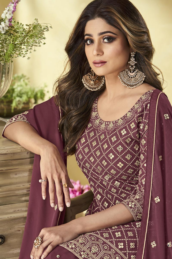 Georgette Fabric Luxurious Shamita Shetty Sharara Suit In Wine Color