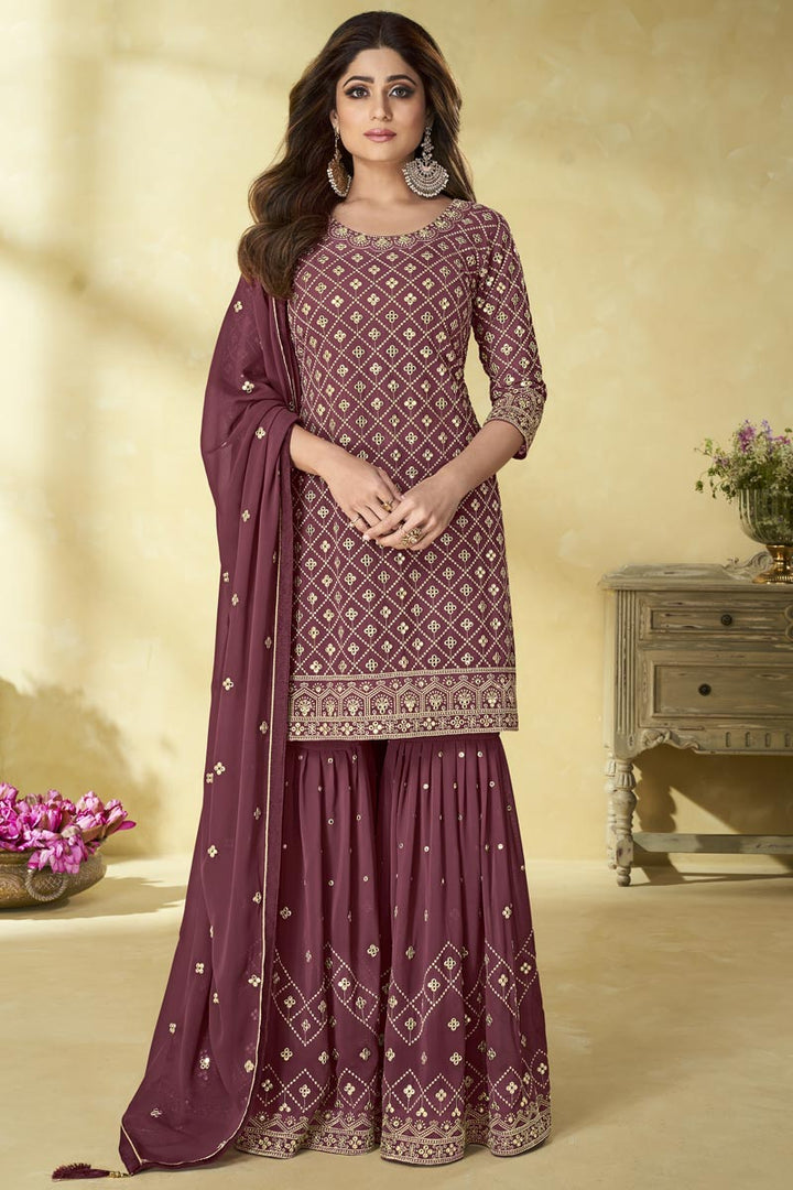 Georgette Fabric Luxurious Shamita Shetty Sharara Suit In Wine Color