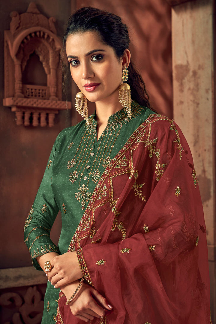 Embroidery Work On Dark Green Color Party Wear Palazzo Style Salwar Kameez In Art Silk Fabric