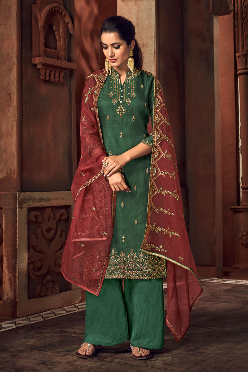 Embroidery Work On Dark Green Color Party Wear Palazzo Style Salwar Kameez In Art Silk Fabric