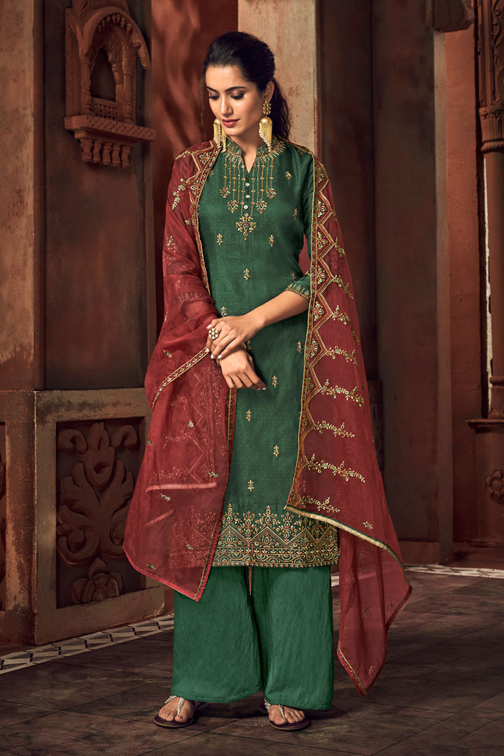 Embroidery Work On Dark Green Color Party Wear Palazzo Style Salwar Kameez In Art Silk Fabric