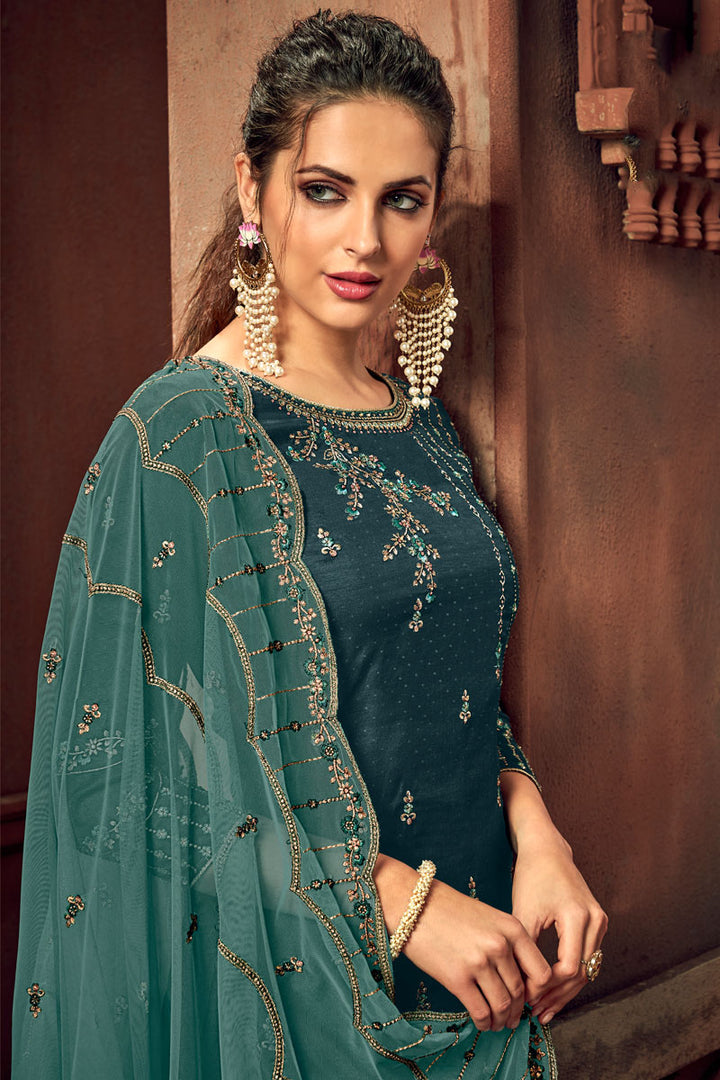 Embroidery Work On Teal Color Art Silk Fabric Function Wear Palazzo Style Salwar Suit