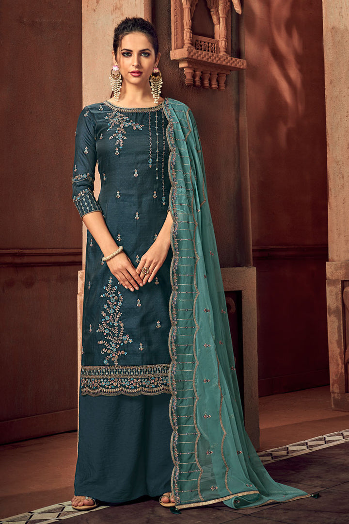 Embroidery Work On Teal Color Art Silk Fabric Function Wear Palazzo Style Salwar Suit