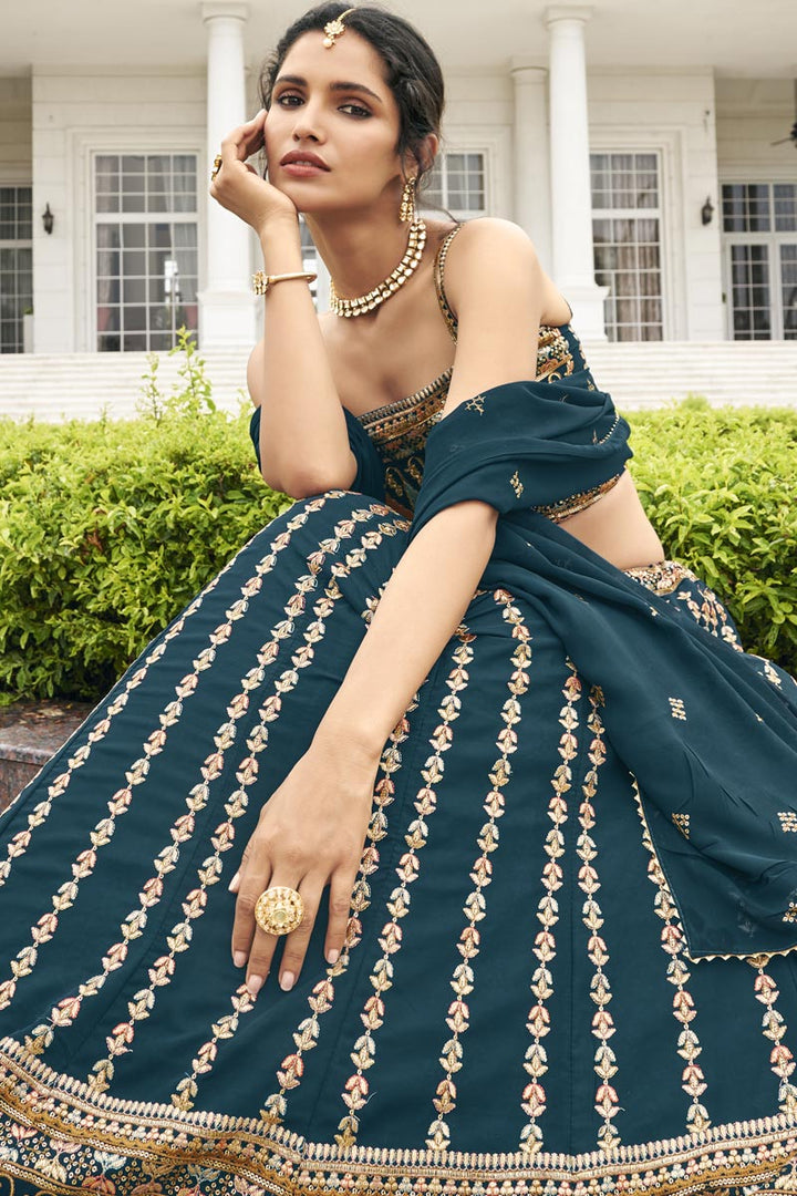 Attractive Look Georgette Fabric Teal Color Vartika Sing Lehenga
