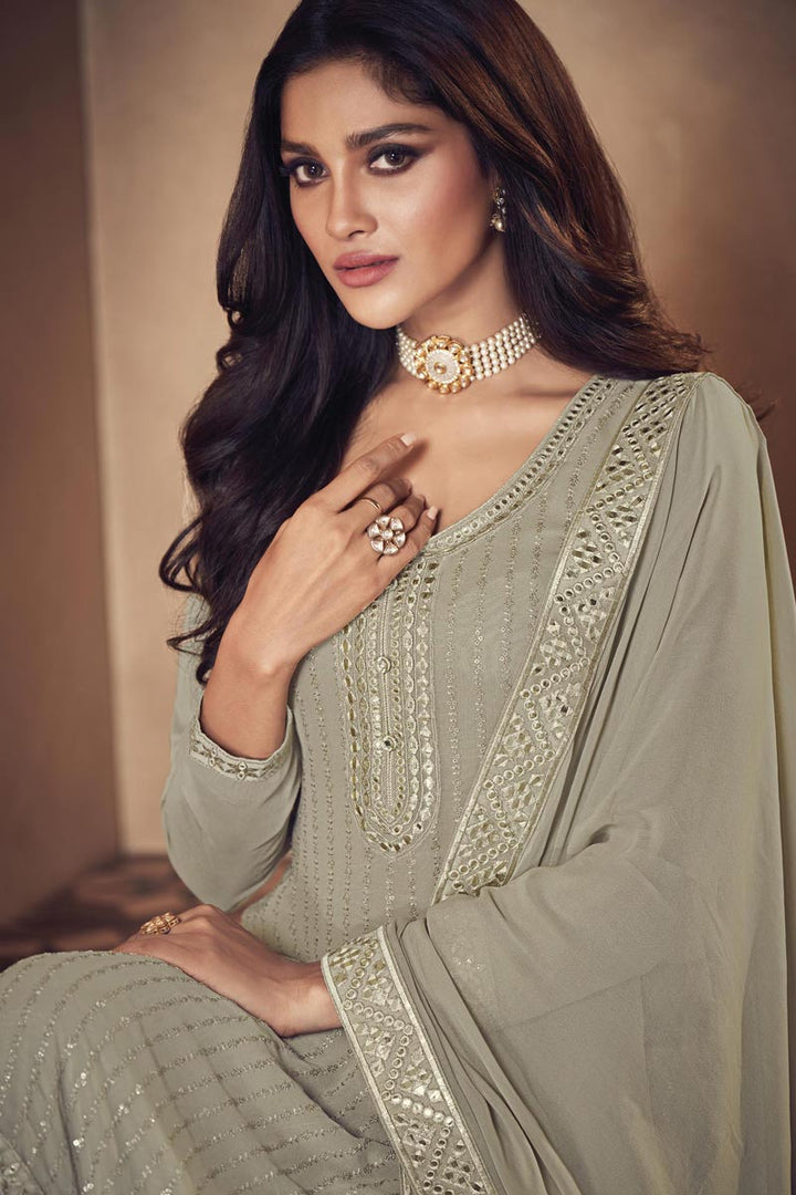 Cream Georgette Fabric Function Wear Embroidered Sharara Suit