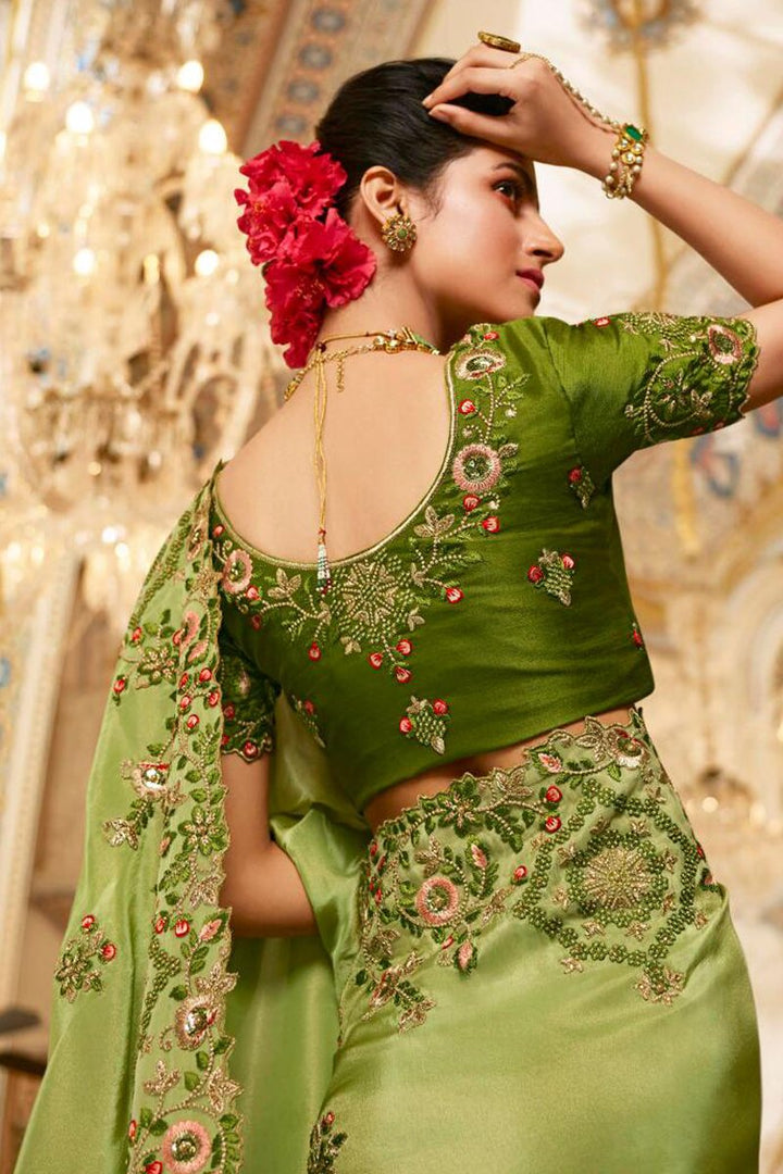 Green Color Function Wear Designer Fancy Fabric Embroidered Saree