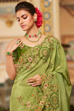 Load image into Gallery viewer, Green Color Function Wear Designer Fancy Fabric Embroidered Saree
