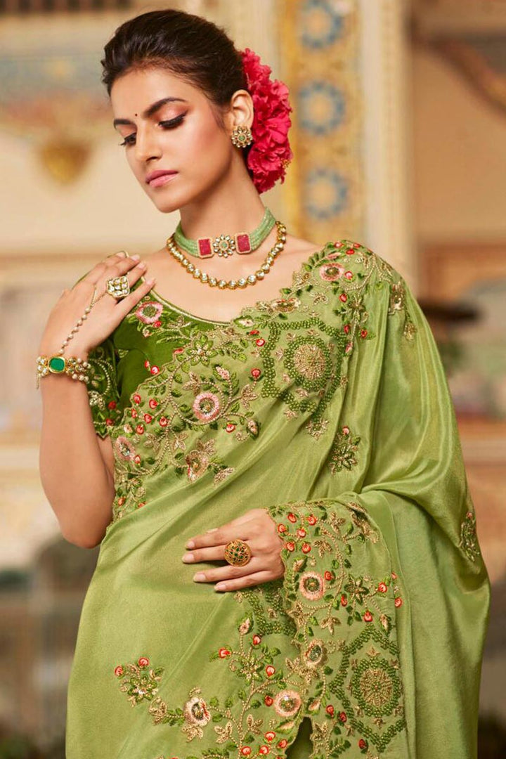 Green Color Function Wear Designer Fancy Fabric Embroidered Saree