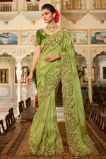 Load image into Gallery viewer, Green Color Function Wear Designer Fancy Fabric Embroidered Saree
