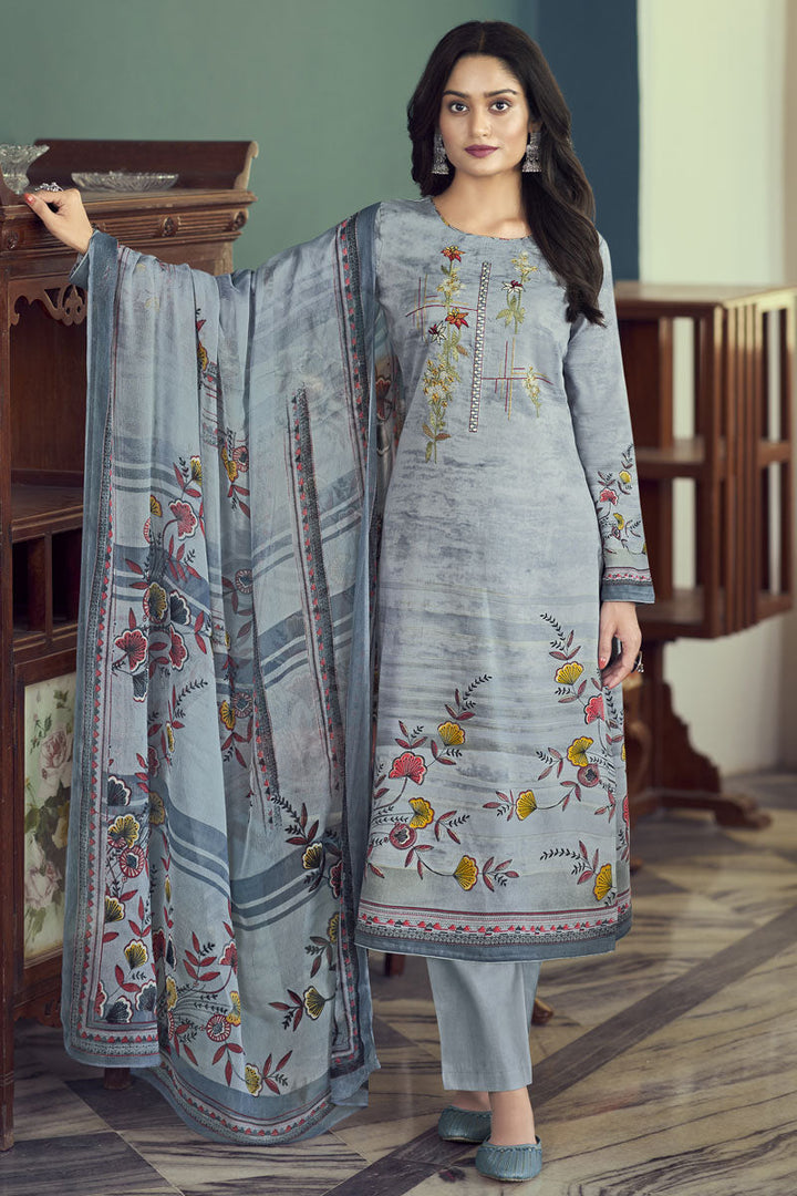 Grey Satin Printed Casual Awesome Salwar Suit