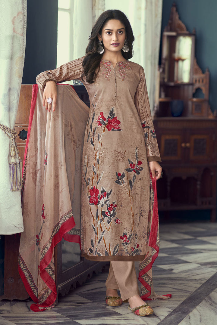 Satin Printed Casual Beatific Salwar Suit In Chikoo Color