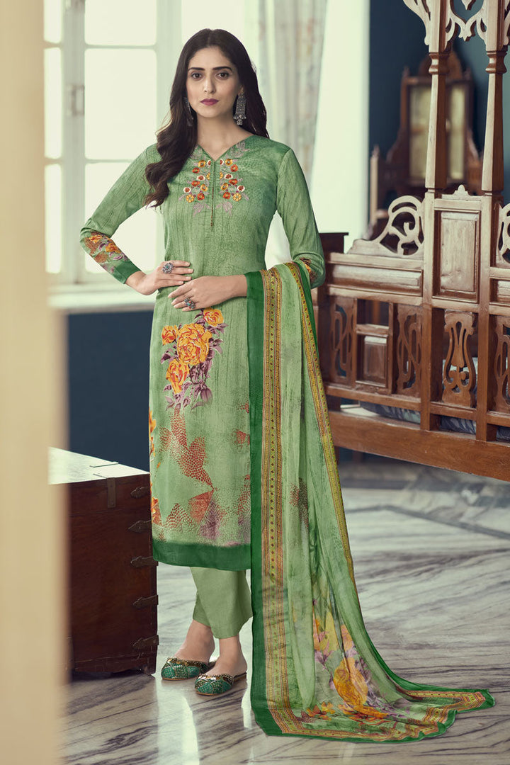 Casual Green Inventive Printed Salwar Suit In Satin Fabric