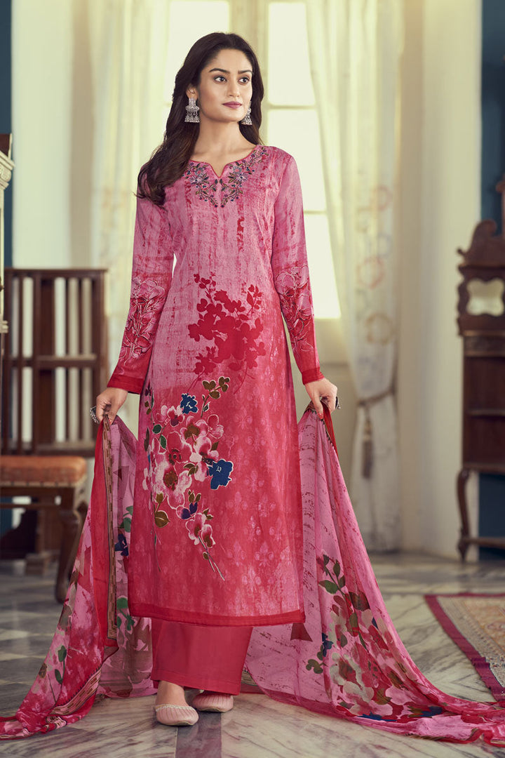 Pink Satin Printed Alluring Casual Salwar Suit