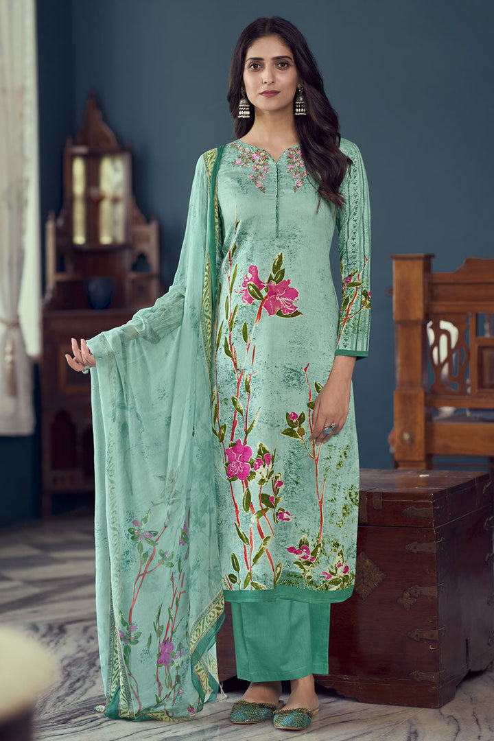 Satin Printed Sea Green Casual Elegant Salwar Suit