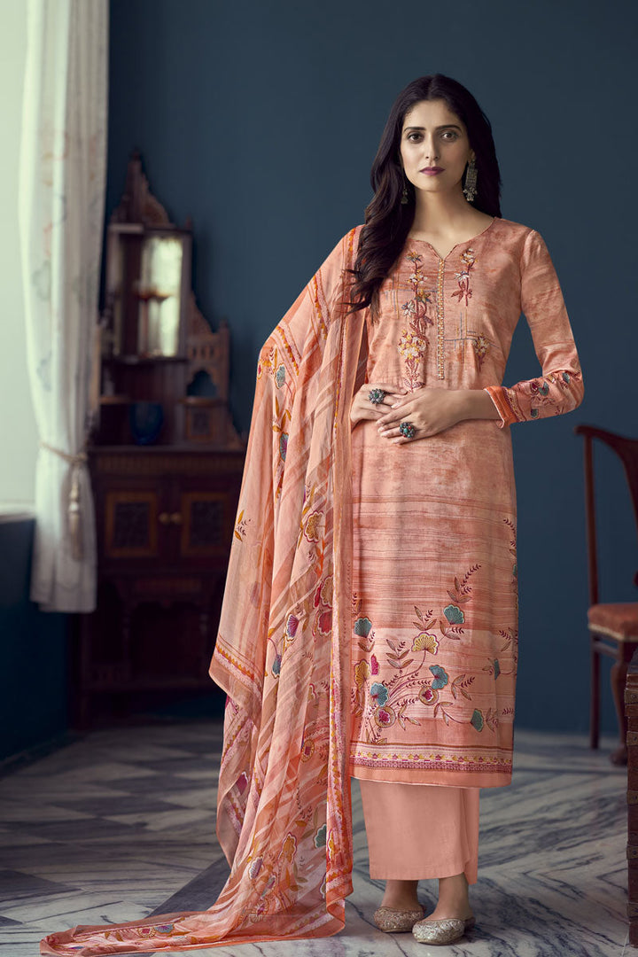Orange Satin Printed Adorming Casual Salwar Suit