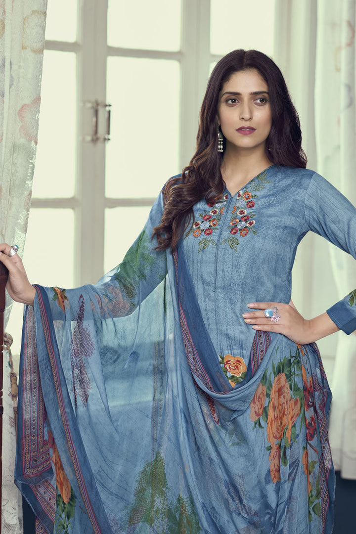 Satin Printed Blue Casual Winsome Salwar Suit