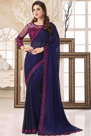 Georgette Classic Navy Blue Color Bridesmaid Saree Featuring Eugeniya Belousova With Embroidery Work