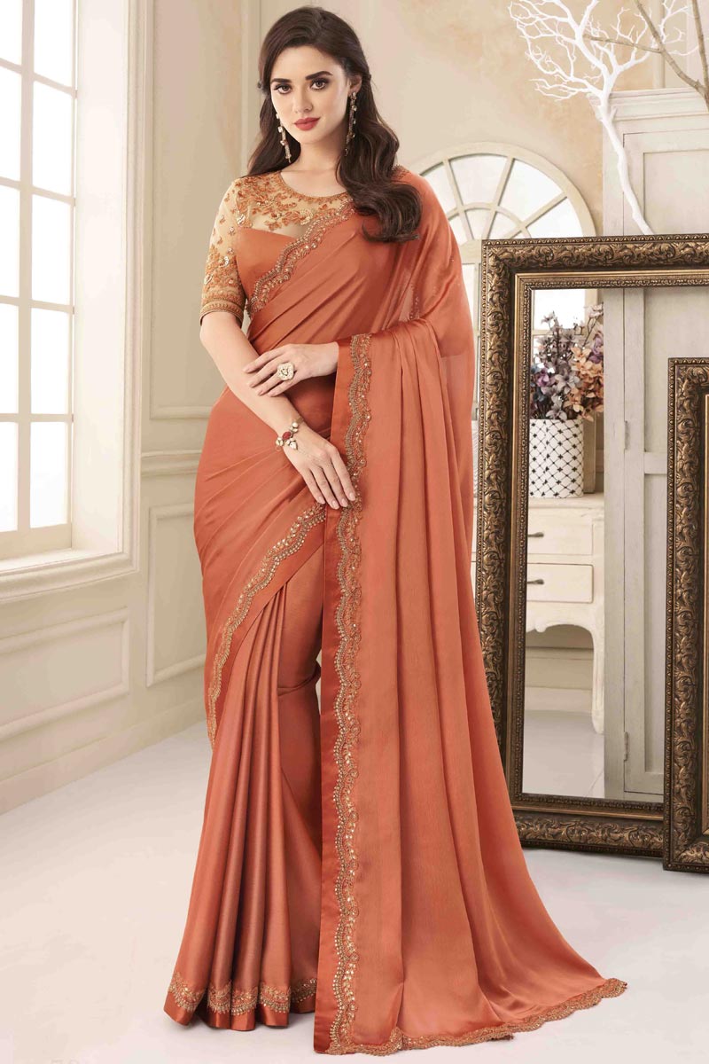Rust Color Beautiful Bridesmaid Satin Chiffon Saree With Embroidery Work Featuring Eugeniya Belousova