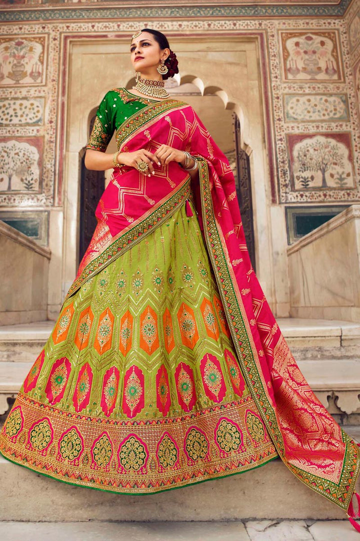 Graceful Silk Weaving Work Lehenga Choli In Green Color
