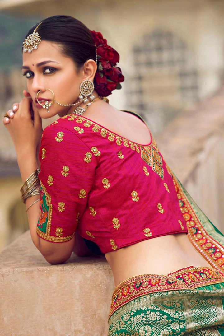 Gorgeous Multi Color Weaving Work Sangeet Wear Lehenga Choli In Silk Fabric