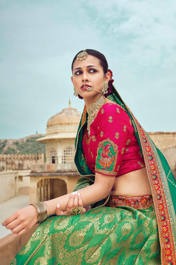 Gorgeous Multi Color Weaving Work Sangeet Wear Lehenga Choli In Silk Fabric