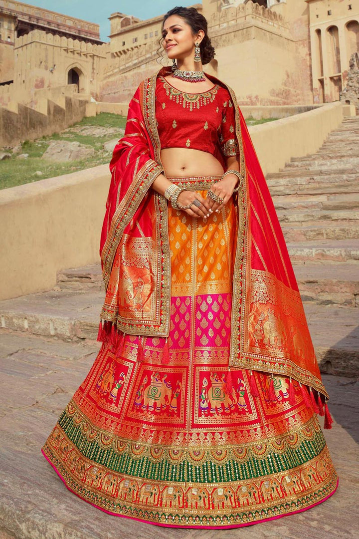 Silk Attractive Weaving Work Wedding Wear Lehenga Choli In Multi Color