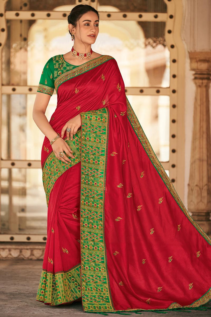 Red Color Embroidered Work Art Silk Fabric Party Wear Stunning Saree