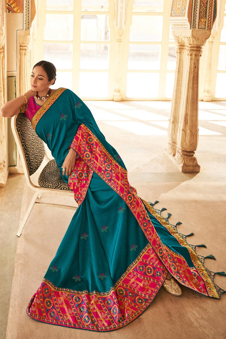 Attractive Art Silk Fabric Teal Color Party Wear Saree With Embroidered Work