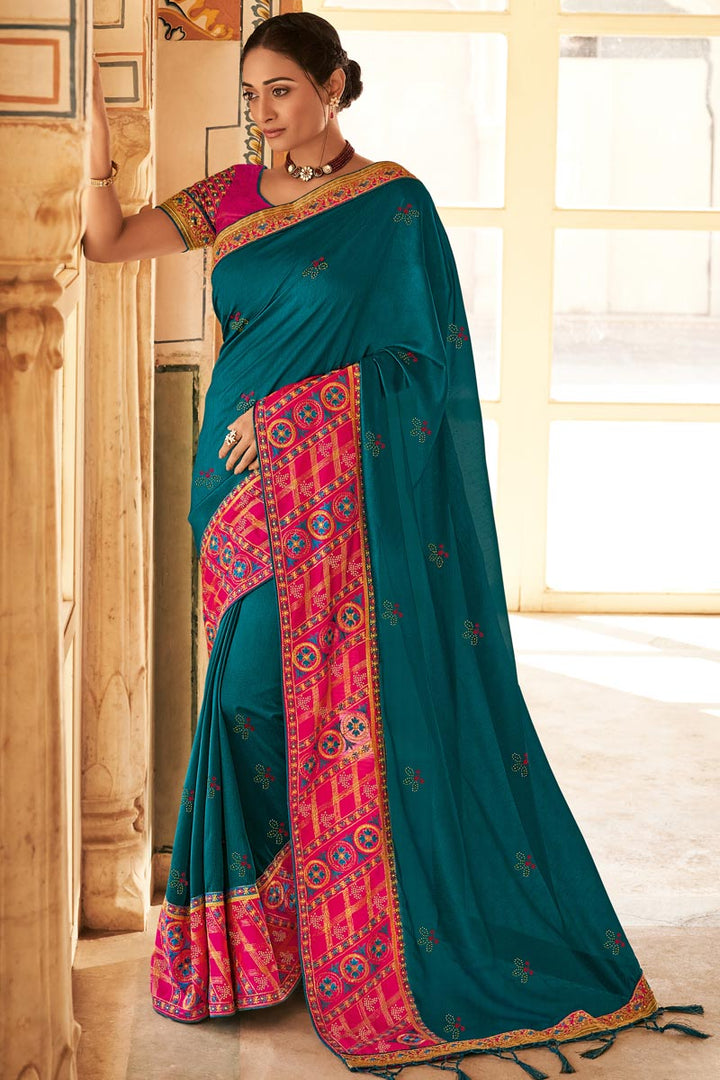 Attractive Art Silk Fabric Teal Color Party Wear Saree With Embroidered Work