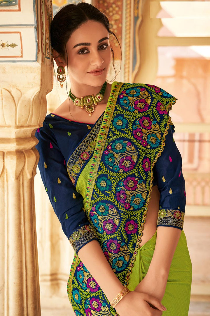 Embroidered Work On Green Color Party Wear Classic Saree In Art Silk Fabric