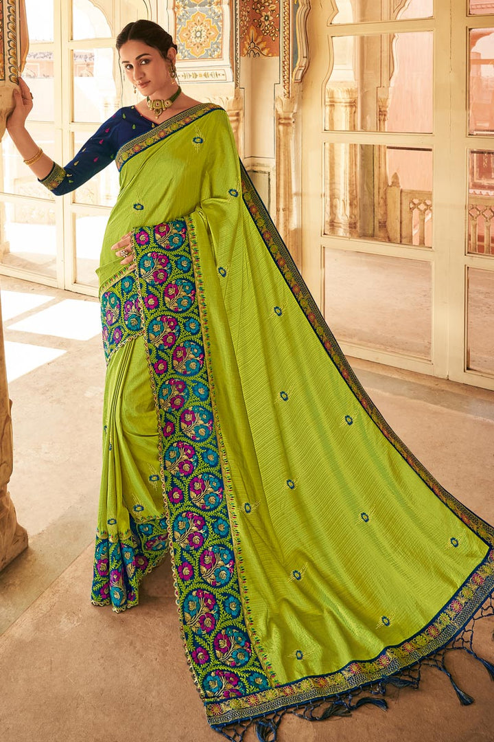 Embroidered Work On Green Color Party Wear Classic Saree In Art Silk Fabric