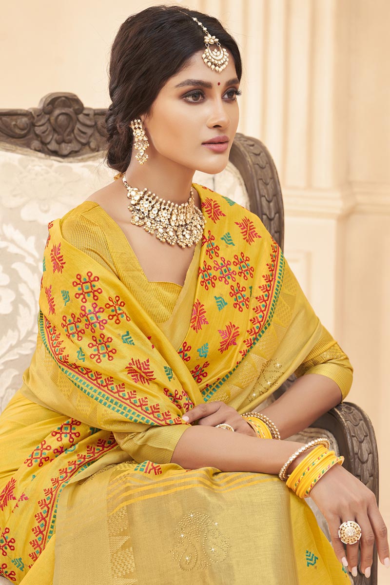 Art Silk Fabric Yellow Color Traditional Saree With Weaving Work