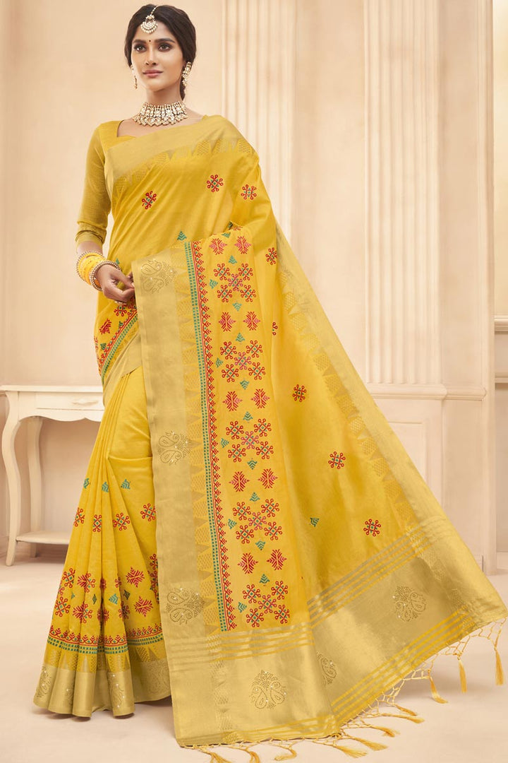 Art Silk Fabric Yellow Color Traditional Saree With Weaving Work