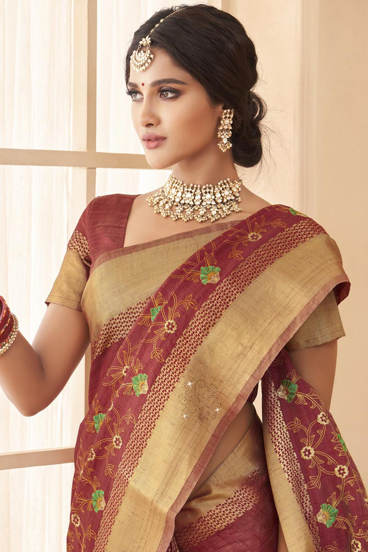 Weaving Work On Rust Color Art Silk Fabric Festival Wear Saree