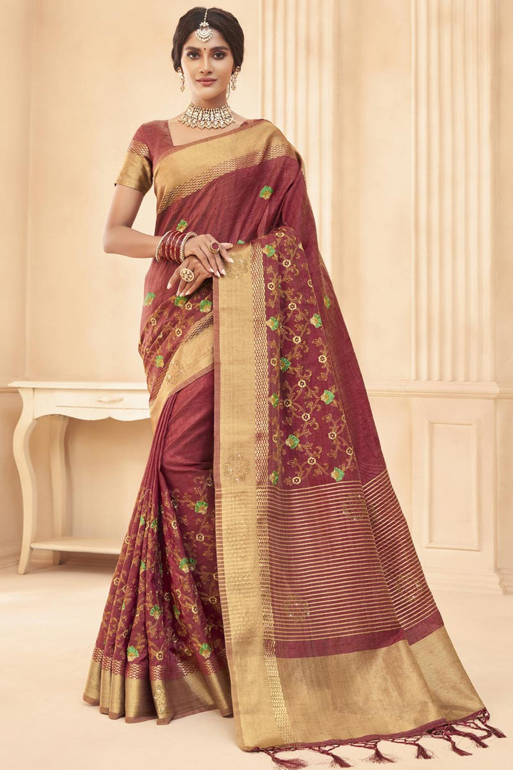 Weaving Work On Rust Color Art Silk Fabric Festival Wear Saree