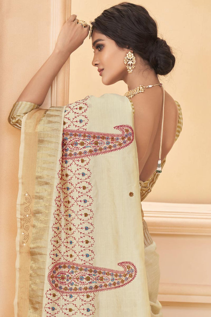 Weaving Work On Art Silk Fabric Cream Color Festival Wear Incredible Saree