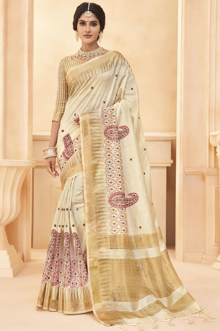 Weaving Work On Art Silk Fabric Cream Color Festival Wear Incredible Saree