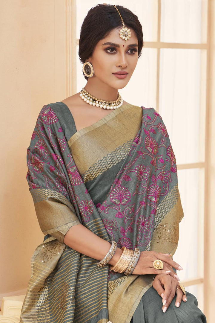Art Silk Fabric Grey Color Festival Wear Saree With Weaving Work