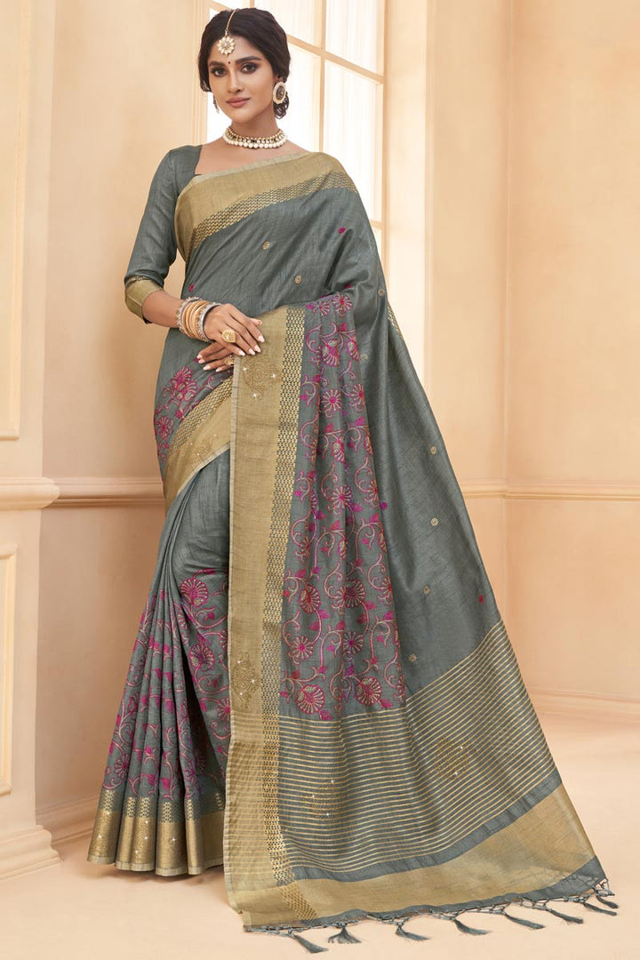 Art Silk Fabric Grey Color Festival Wear Saree With Weaving Work