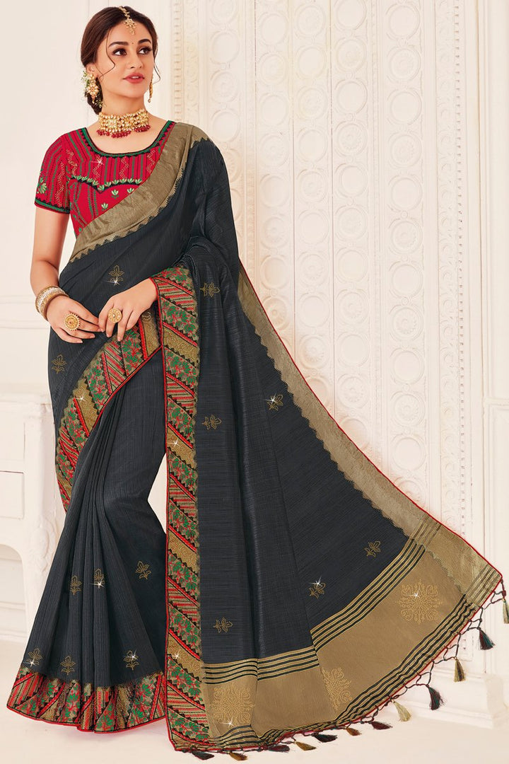 Art Silk Fabric Reception Wear Black Color Saree With Embroidered Blouse