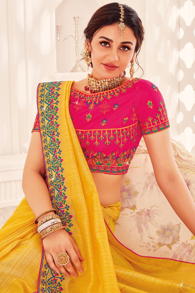Art Silk Fabric Designer Festive Wear Saree With Embroidered Blouse