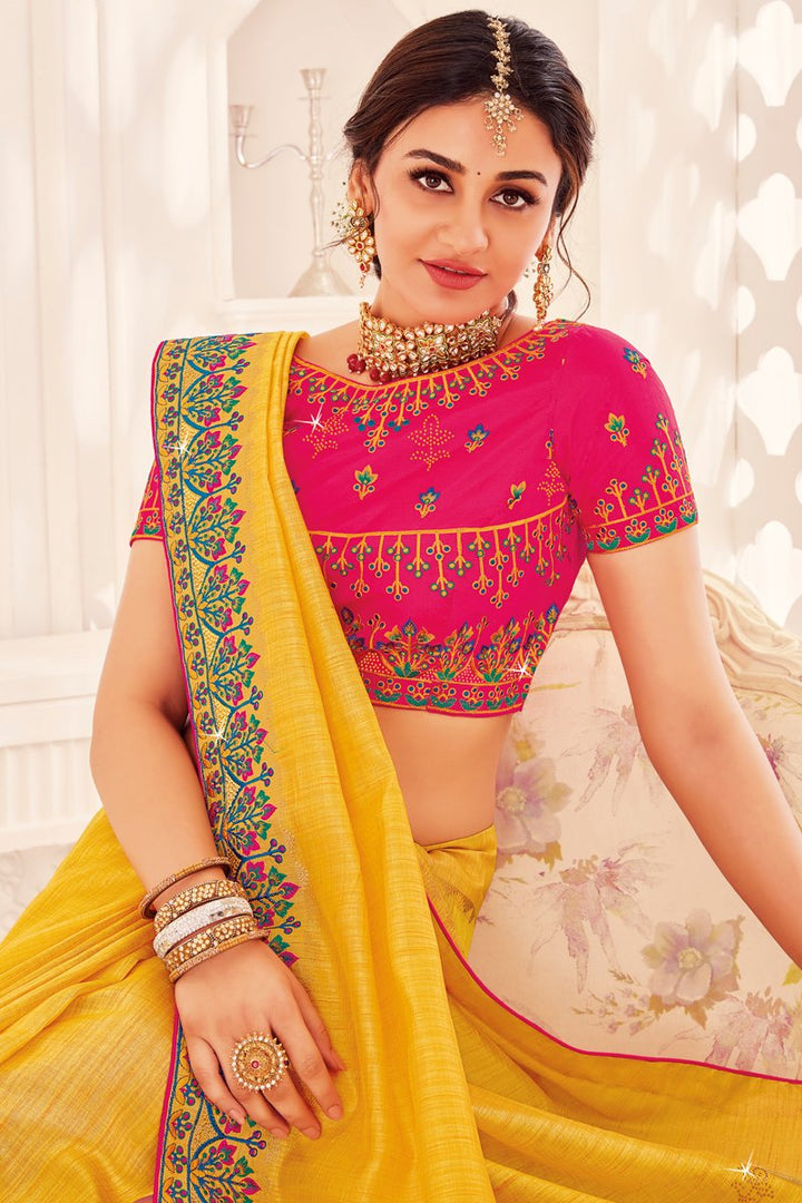 Art Silk Fabric Designer Festive Wear Saree With Embroidered Blouse