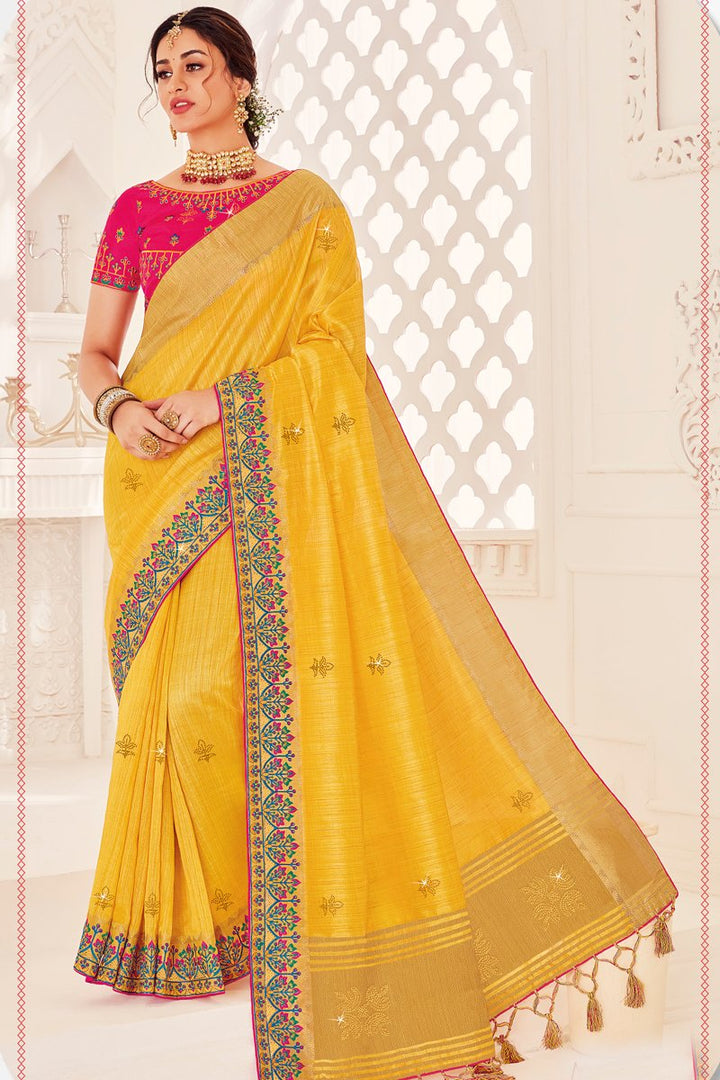 Art Silk Fabric Designer Festive Wear Saree With Embroidered Blouse