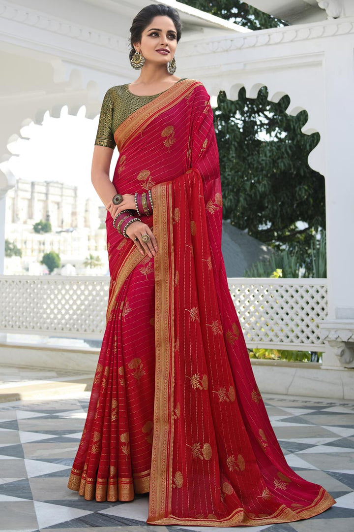 Dazzling Red Color Georgette Saree With Border Work Featuring Asmita Sood
