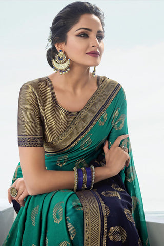 Beautiful Cyan Color Georgette Saree With Border Work Featuring Asmita Sood