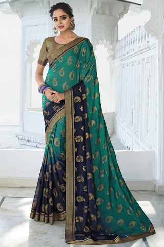 Beautiful Cyan Color Georgette Saree With Border Work Featuring Asmita Sood